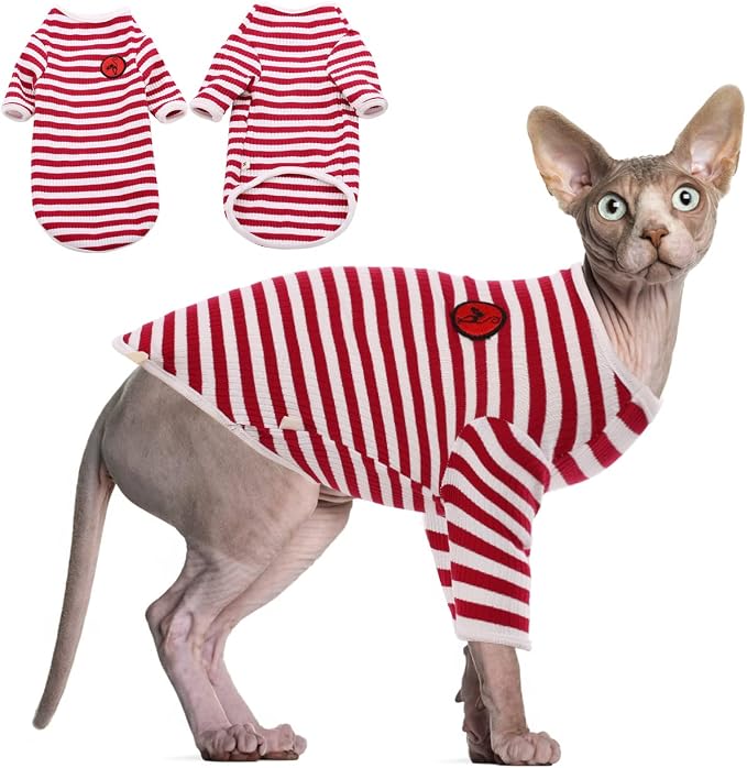 DENTRUN Hairless Cats Shirt Breathable Cat Daily Wear Clothes Stripe Vest by DENTRUN