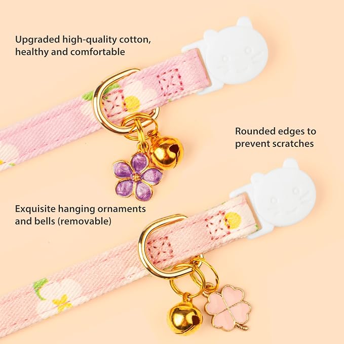 2 Pack Cotton Breakaway Cat Collar Purple and Pink Flowers Pendant Cute Kitten - Image 2