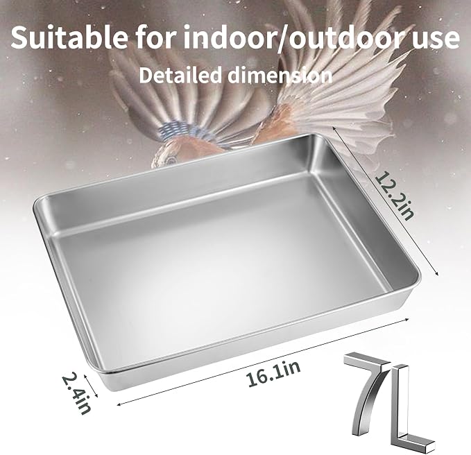 kathson Stainless Steel Bird Bath 16.14"×12.2"×2.36" Metal Bird Bath Tray Pet - Image 3