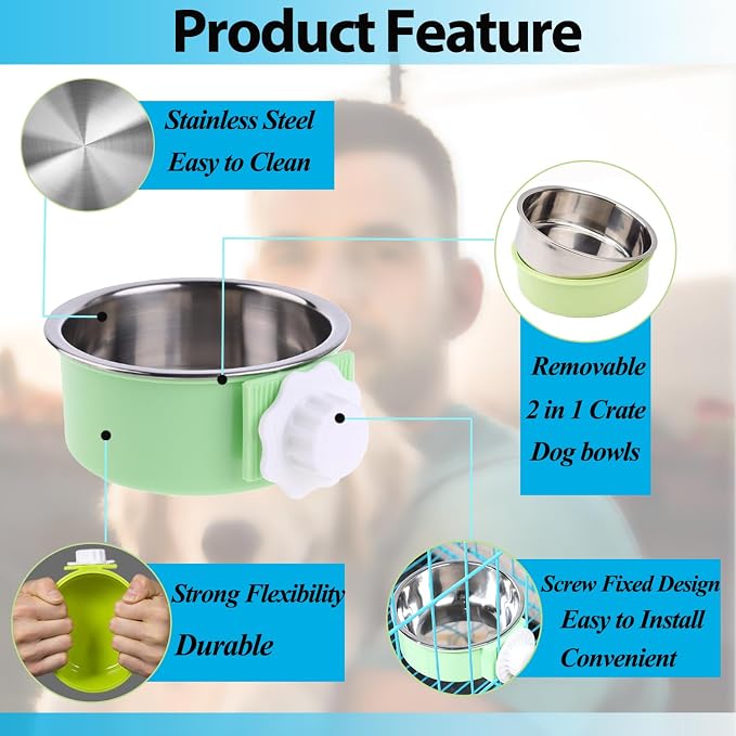 2 Pieces Crate Dog Bowl, Removable Stainless Steel Pet Kennel Hanging Food - Image 2