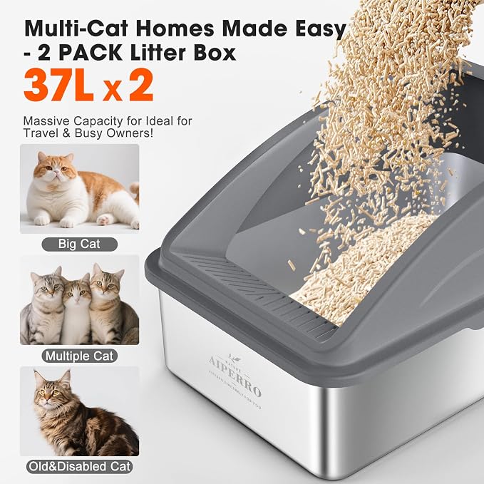 2 Pack Stainless Steel Litter Box | XL Enclosed Cat Litter Boxes - Image 3