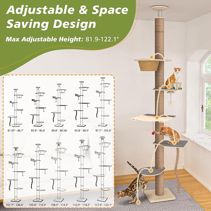 Floor to Ceiling Cat Tree, 5 Tier Cat Tower Adjustable Height, Tall Climbing - Image 4