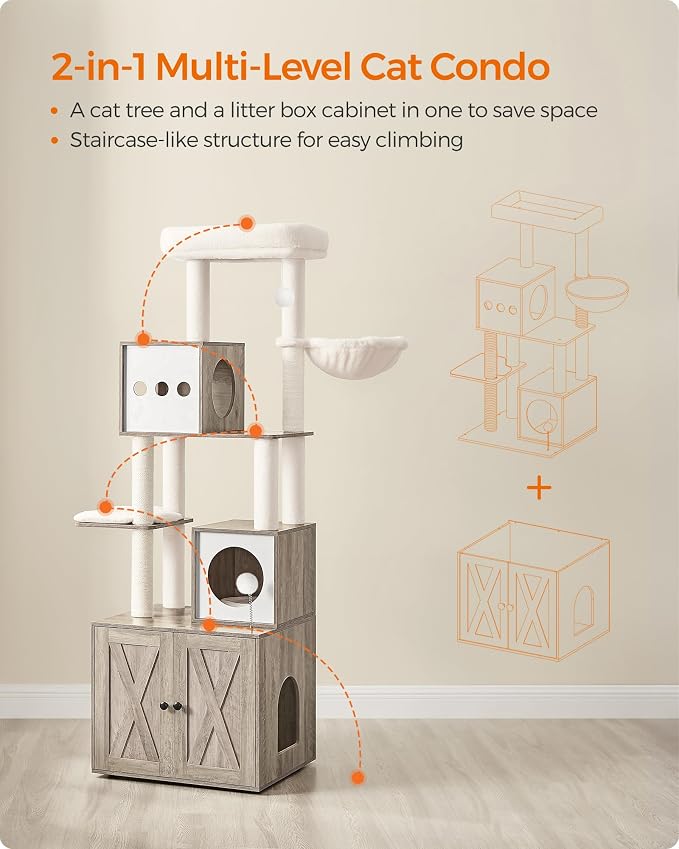 Feandrea Cat Tree with Litter Box Enclosure, 70.1-Inch Tall Cat Tower, 2-in-1 - Image 3