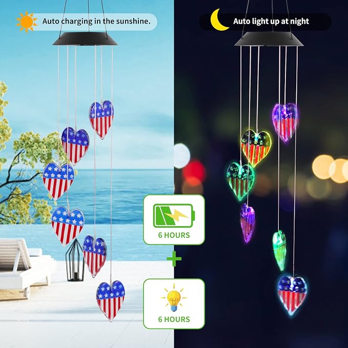 American Flag Solar Wind Chimes, Heart-Shaped Love Patriotic Wind Chime Color - Image 7
