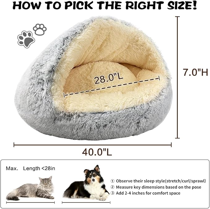 ShinHye Round Plush Fluffy Hooded Cat Bed Cave, Cozy - Image 2