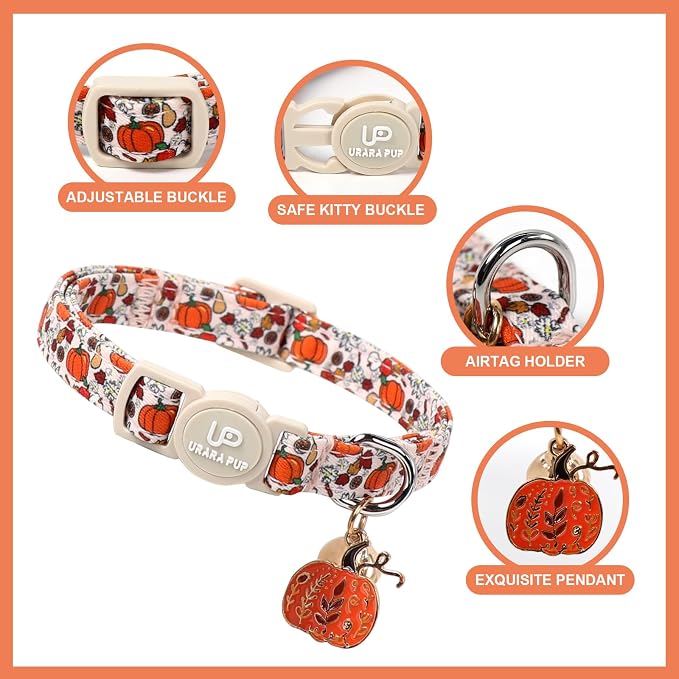 Fall Cat Collar-2Pack Autumn Kitten Collars-Halloween Breakaway Pumpkin Kitty - Image 2