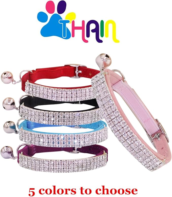 THAIN Rhinestones Cat Dog Collar Soft Velvet Safe Adjustable Collar Bling - Image 3