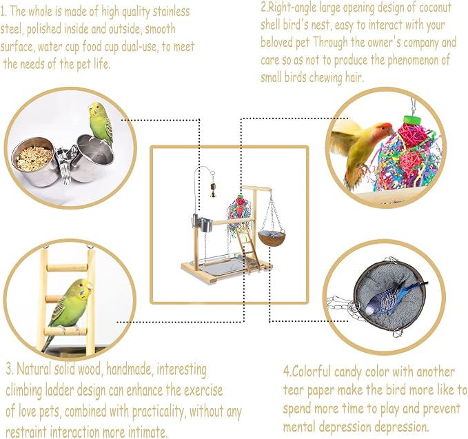 Bird Stand Fun Straw Bell Toys, Parrot Wooden Platform Stand - Image 3