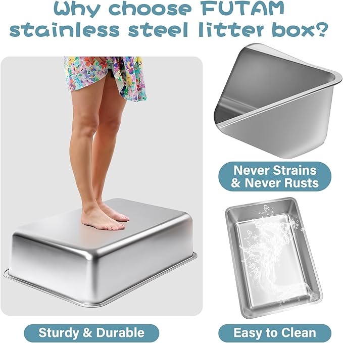 Stainless Steel Litter Box, 19.7"x13.7"x6" Large Metal Litter Box - Image 3