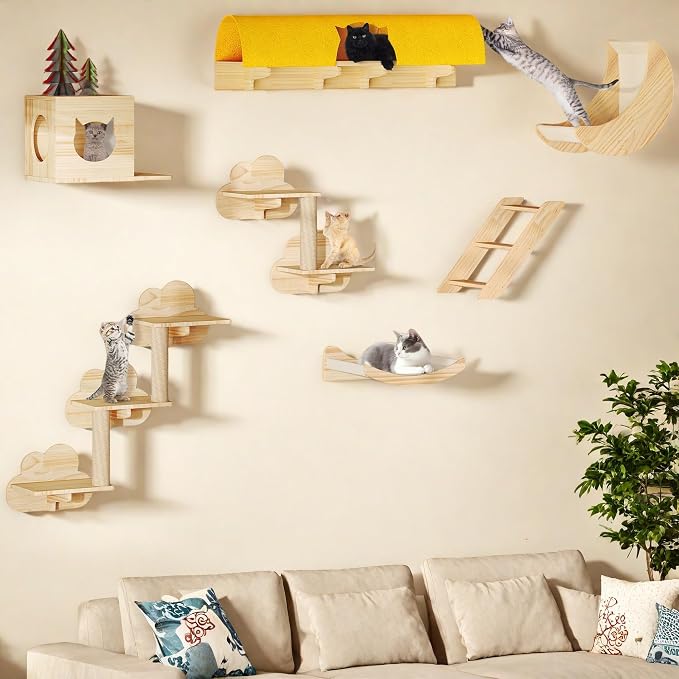 Cat Wall Shelves, 13-in-1 Solid Wood Wall-Mounted Cats Furniture Set - Image 7