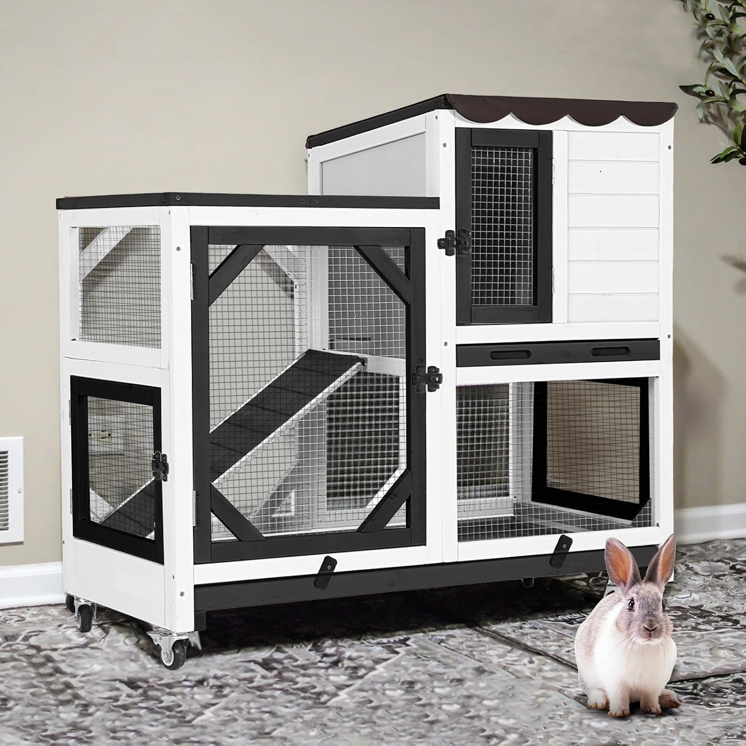 Gutinneen 39.3" Rabbit Hutch with Wheels, Black and White - GlobalHabitat Supply