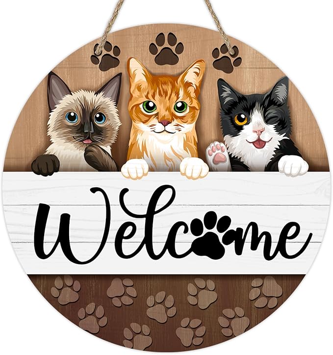 Deroro Welcome Cats Front Door Sign, Paw Prints Wood Door Hanger Outdoor by DERORO