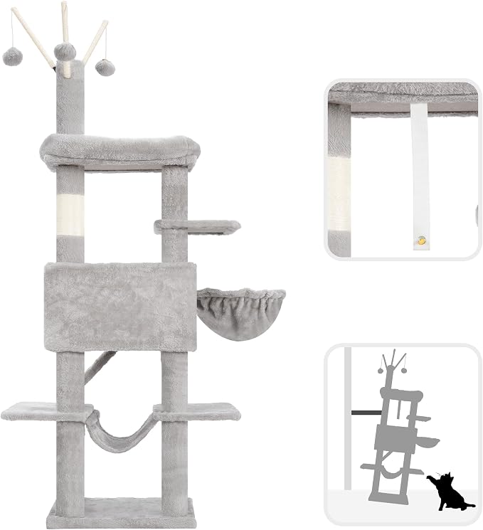 Cat Tree, Cat Condo with Cat Scratching Post and Board, Cat Hammock, Light Gray - Image 7