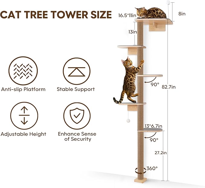 5-Tier Floor-to-Ceiling Cat Tree Tower, Upgraded Grey Felt Kittens Wall Shelves - Image 4