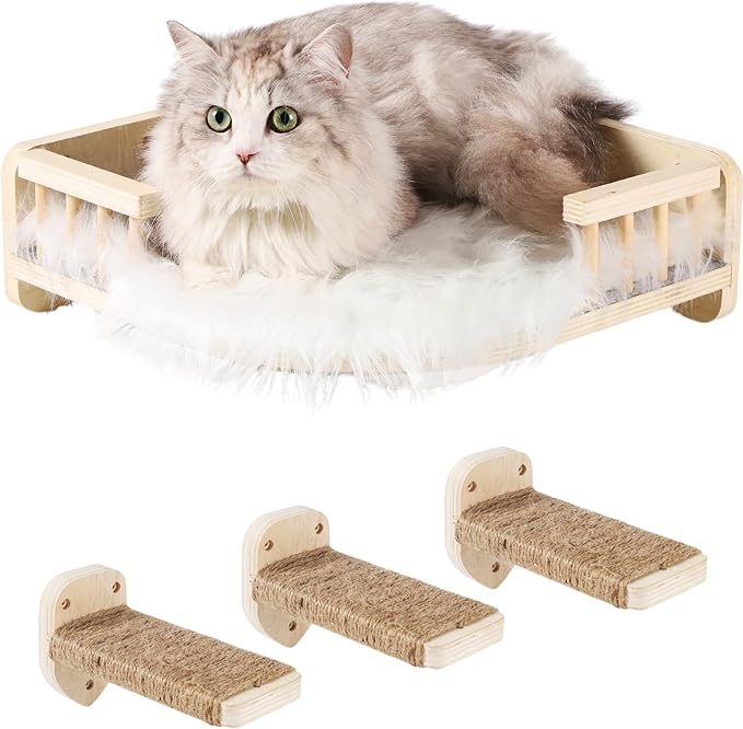 Cat Wall Shelves with 3 Steps Scratch Post, Climbing Shelf and Hammock by CoolEx