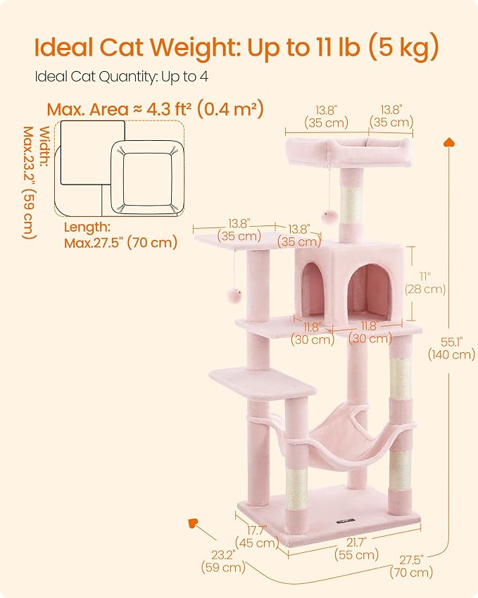 Feandrea Cat Tree, 55.1-Inch Cat Tower, Plush Multi-Level Condo - Image 5