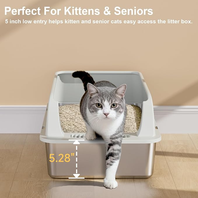 TENTIZON 2 Pack Large Stainless Steel Cat Litter Boxes, Open Top Metal Kitty - Image 6