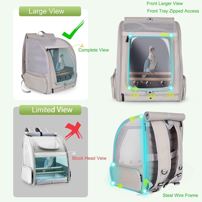 Bird Backpack Carrier with Front Zipper Opening, Portable Bird Travel Carrier - Image 4