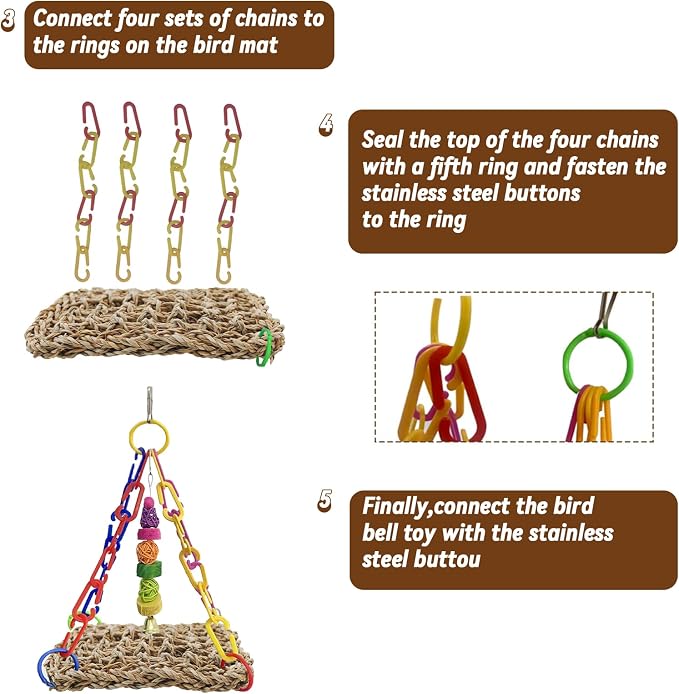 Bird Swing Toy Seagrass Mat, Natural Sea-Weed Woven Parrot Hammock Swing Bird - Image 6