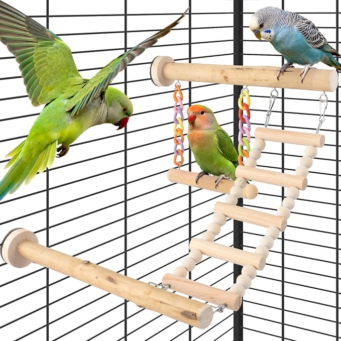 Bird Perches Ladder with Swing, Natural Wood Parrot Climbing Bridge Perch Toys by DBNESS