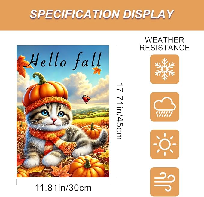 Hello Fall Garden Flag Cute Kitten Pumpkin Hat Scarf Flag 12x18 Inch Autumn Pet - Image 3