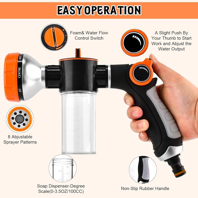 Dog Wash Hose Attachment, High Pressure Garden Water Hose Nozzle 8 Way Foam - Image 6