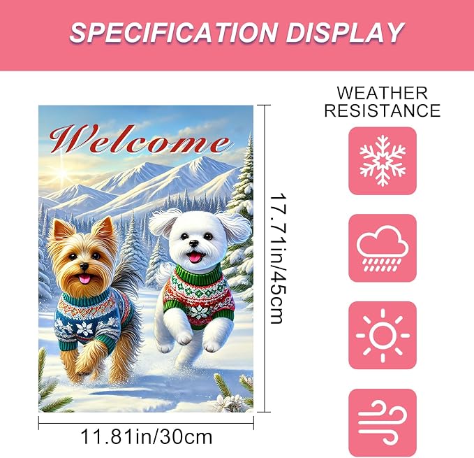 Welcome Winter Garden Flag Two Cheerful Dogs Flag Winter Sweaters 12x18 Inch - Image 3