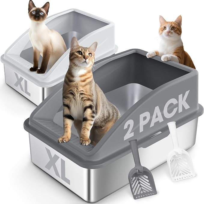 2 Pack Stainless Steel Litter Box | XL Enclosed Cat Litter Boxes by AIPERRO