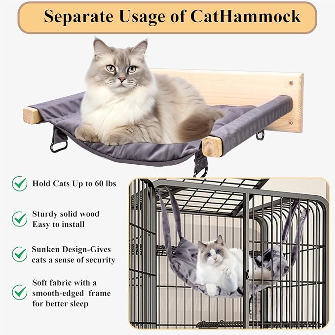 JSPYFITS Wooden Cat Wall Hammock, 18.9 x 12.6 Inch Double Layer Cat Furniture - Image 6