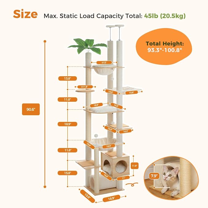 PETEPELA Floor to Ceiling Cat Tree, 93.3''-100.8'' Height Adjustable Wooden Cat - Image 3