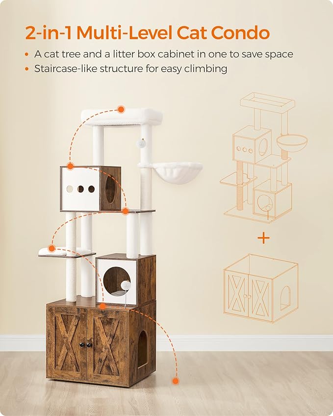 Feandrea Cat Tree with Litter Box Enclosure, 70.1-Inch Tall Cat Tower, 2-in-1 - Image 3