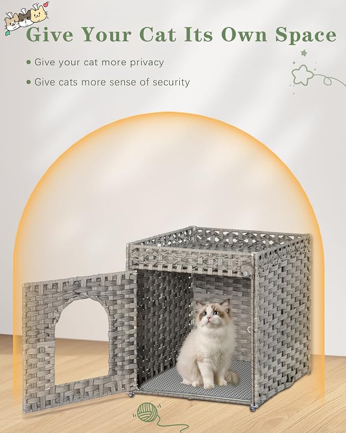 Cat Litter Enclosure with Hidden Litter Mat and Rattan Cat House, Supports Two - Image 7