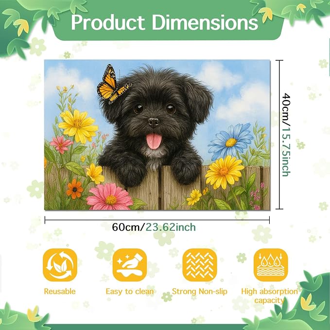 Spring Pet Feeding Mat 24" x 16"Puppy and Butterfly Floral Garden Design Non - Image 5