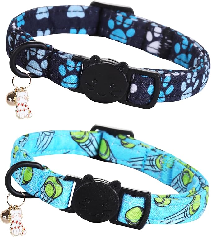 Cat Collar-2 Pack Cat Collars Tennis Balls & Footprint Cat Collar Breakaway by BoboRainbow