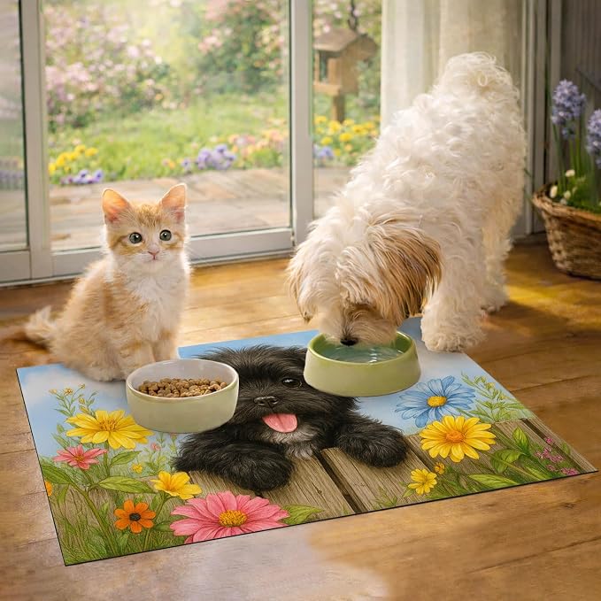 Spring Pet Feeding Mat 24" x 16"Puppy and Butterfly Floral Garden Design Non - Image 2