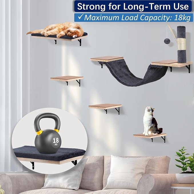Cat Wall Shelves, Solid Wood Cat Wall Furniture Set, - Image 3