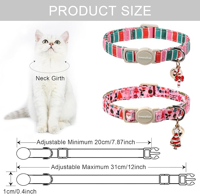 Lionet Paws 2pcs Pack Christmas Cat Collar, Ho Christmas Tree & Pink Stripes - Image 4