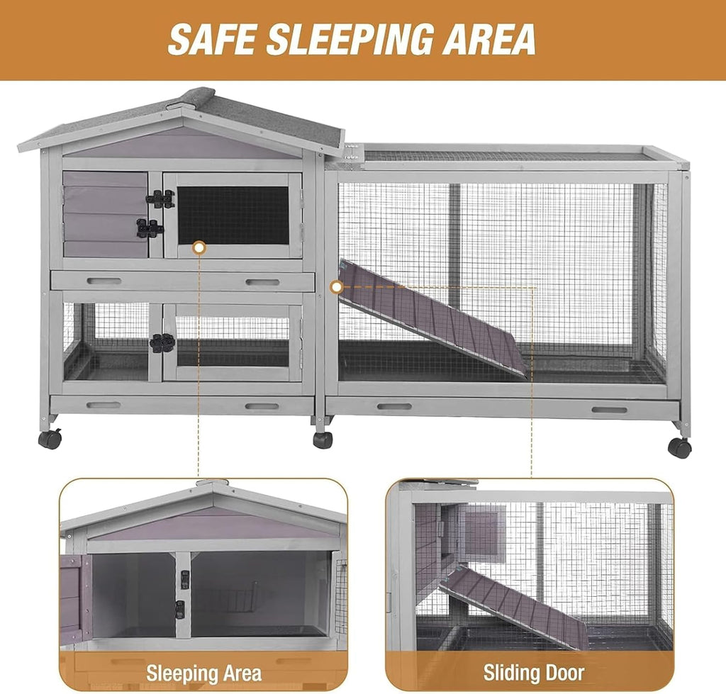 Rabbit Hutch with Waterproof Roof and Pull-Out Tray, 61.2" - GlobalHabitat Supply