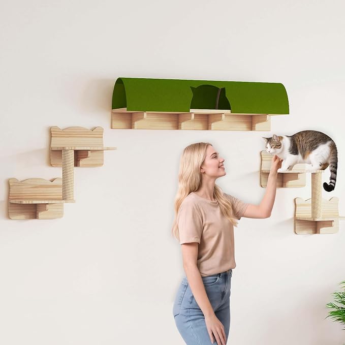 7-in-1 Cat Wall Shelves and Perches, Floating Cat Shelves Set, Solid Wood Wall - Image 8