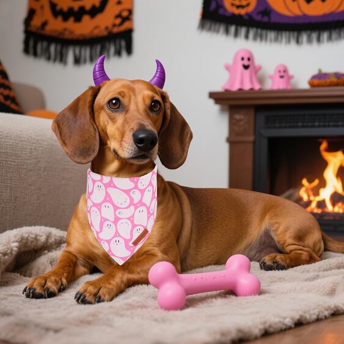 ADOGGYGO Pink Halloween Dog Bandanas 2 Pack, Reversible Ghost Pumpkin Scarf Bib - Image 3
