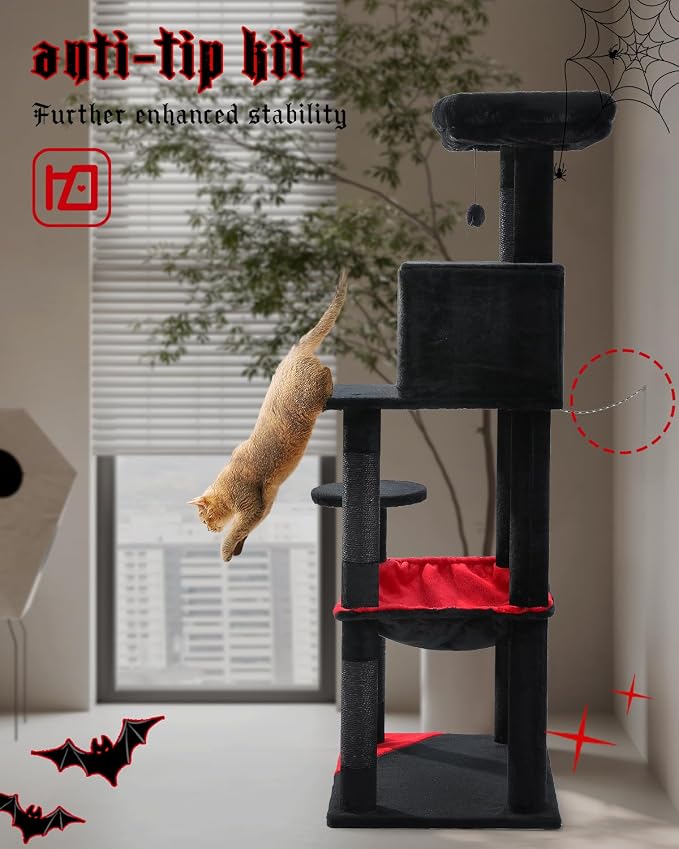 Gothic Cat Tree with Super Large Hammock, 56.3" Black Cat Tower with Coffin Bed - Image 6