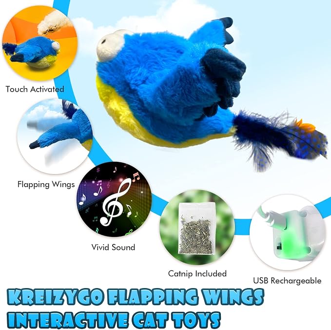 Cat Toys, Flapping Wings Blue-Bird, No Flying, Chirping Bird Interactive Catnip - Image 2