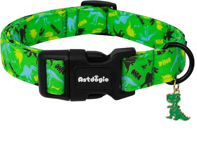 Dinosaur Dog Collar，Green with Multicolor Dino Pattern Handmade Cotton Collar