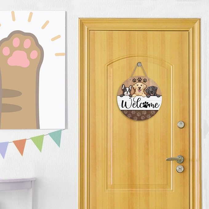 Deroro Welcome Dogs Front Door Sign, Paw Prints Wood Door Hanger Outdoor - Image 4