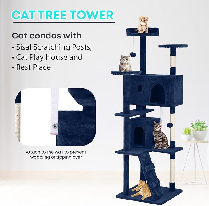 FDW | 70" Cat Tree Tower | Navy Blue | Multi-Level Indoor Activity Center - Image 6