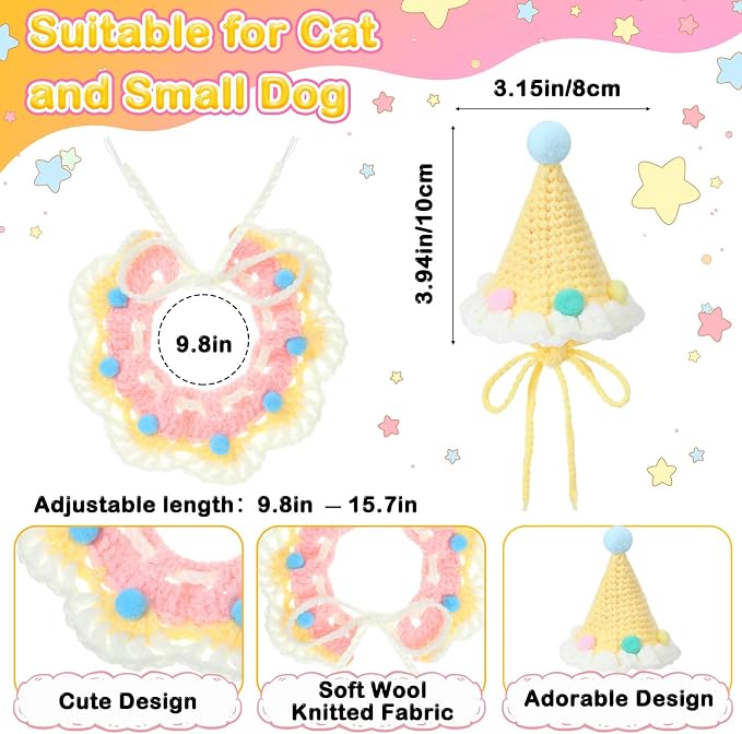 Sanwuta 2 Pcs Cat Birthday Party Supplies, Knit Cat Hat Kitten Birthday Bib - Image 3