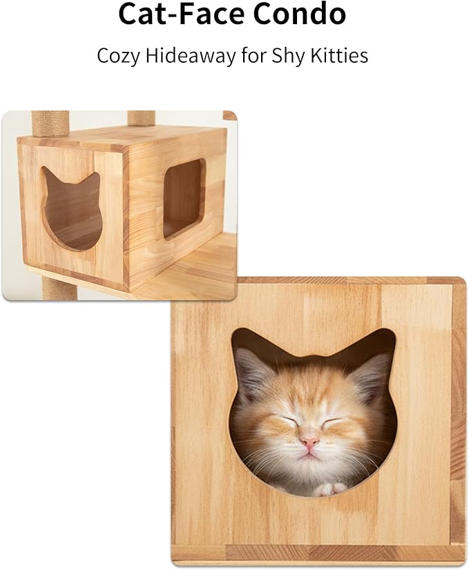 74" Wooden Cat Tree Tower for Large Cats, Cat Condo & Hammock, Natural Wood Cat - Image 7