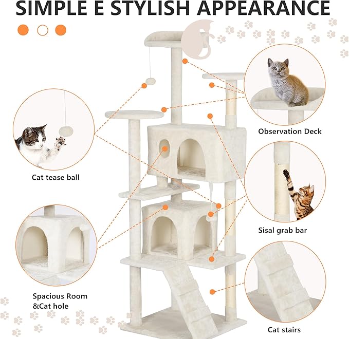 BestPet | 62" Cat Tree Tower | Beige | Sturdy, Hanging Cat Toys, Observation - Image 6