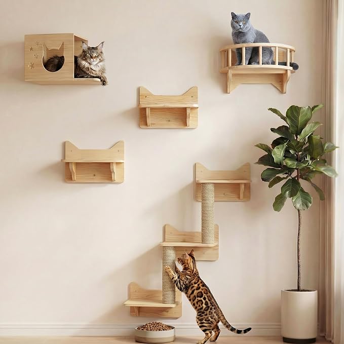 Cat Wall Shelves for Large Cats – 9-Piece Wooden Wall-Mounted Cat Shelves Set by CreatingaBetterLife
