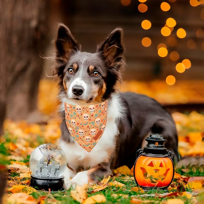 PTDECOR Halloween Dog Bandana, Skeleton Pumpkin Reversible Holiday Dog Scarf - Image 2